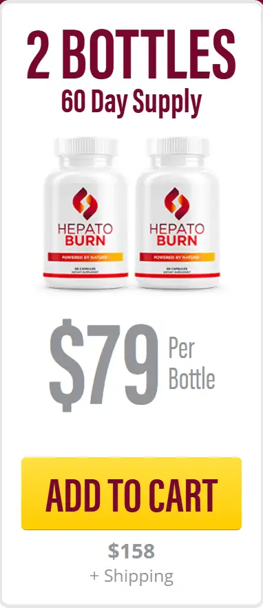 HeptatoBurn 2 bottle package showing 60 day supply at 79 dollars per bottle, total 158 dollars plus shipping, with Add to Cart button