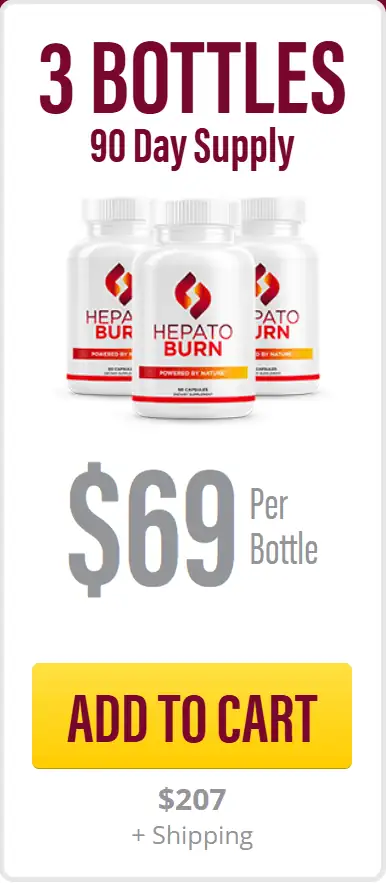HeptatoBurn 3 bottle package showing 90 day supply at 69 dollars per bottle, total 207 dollars plus shipping, with Add to Cart button