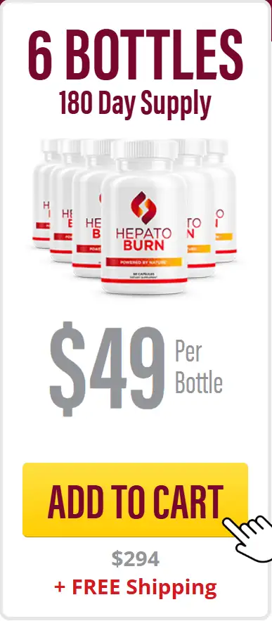 HeptatoBurn 6 bottle package showing 180 day supply at 49 dollars per bottle, total 294 dollars with free shipping, with Add to Cart button